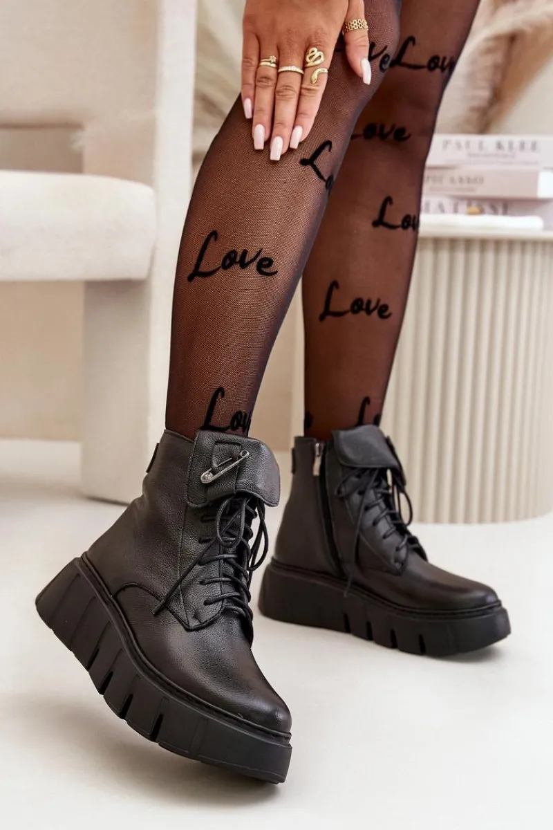 Hot Zazoo 60511 Skórzane Botki Damskie Na Platformie Ocieplane Czarne