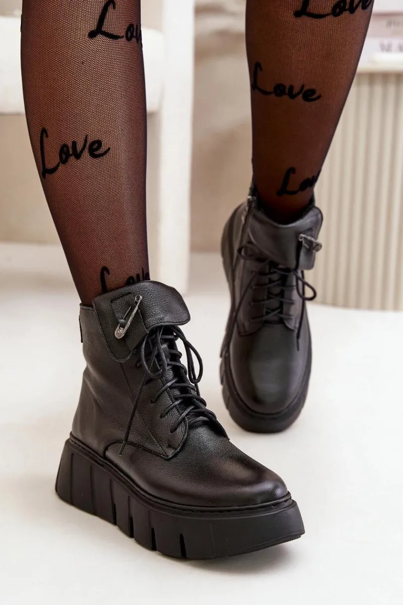 Hot Zazoo 60511 Skórzane Botki Damskie Na Platformie Ocieplane Czarne