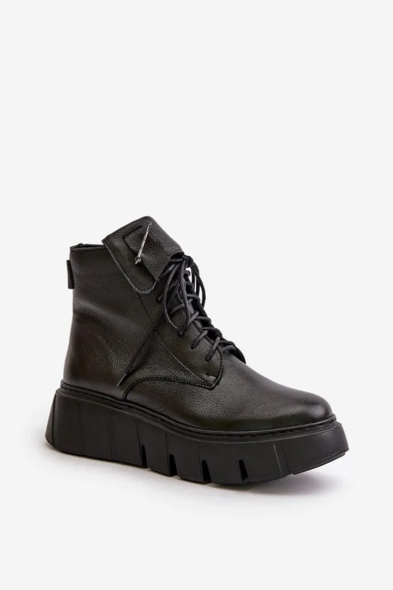 Hot Zazoo 60511 Skórzane Botki Damskie Na Platformie Ocieplane Czarne