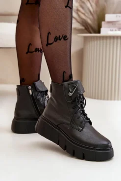 Hot Zazoo 60511 Skórzane Botki Damskie Na Platformie Ocieplane Czarne