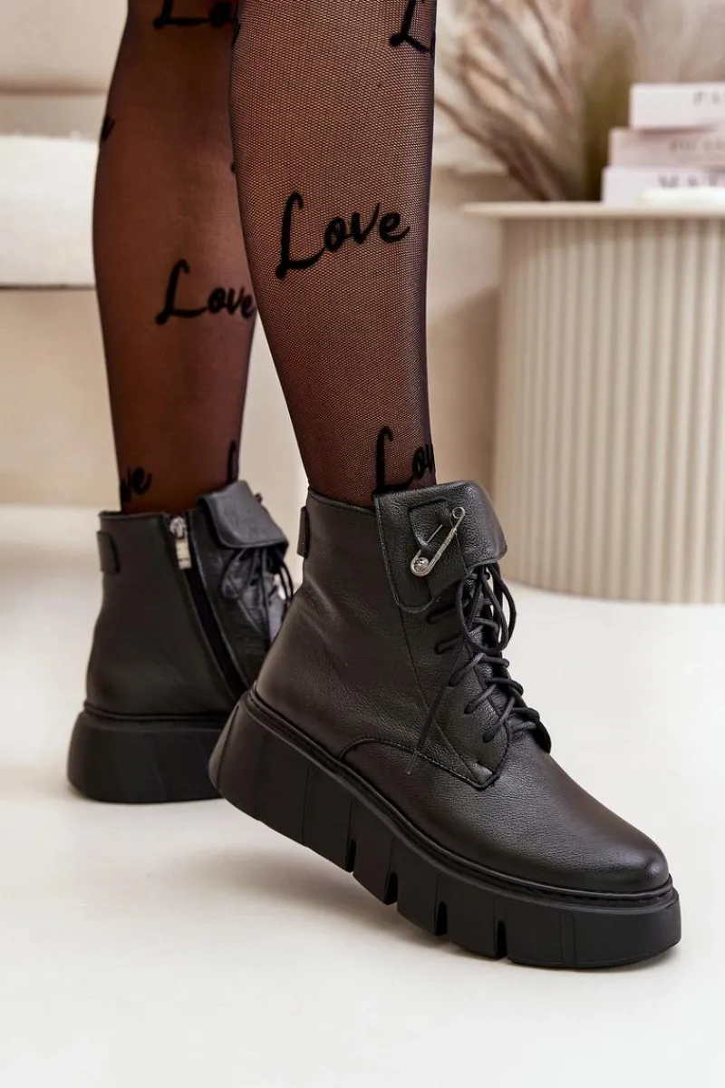 Hot Zazoo 60511 Skórzane Botki Damskie Na Platformie Ocieplane Czarne