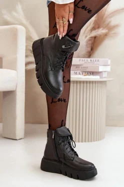 Hot Zazoo 60511 Skórzane Botki Damskie Na Platformie Ocieplane Czarne