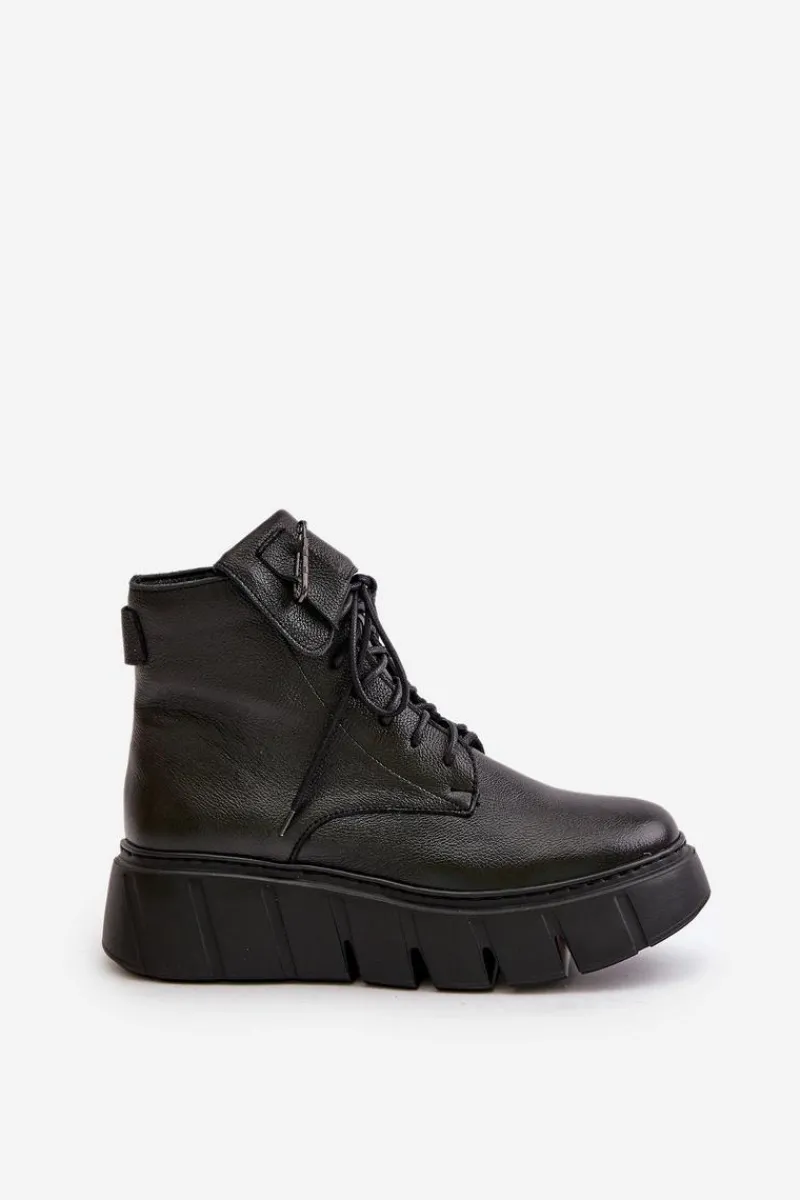 Hot Zazoo 60511 Skórzane Botki Damskie Na Platformie Ocieplane Czarne