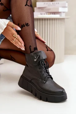 Hot Zazoo 60511 Skórzane Botki Damskie Na Platformie Ocieplane Czarne