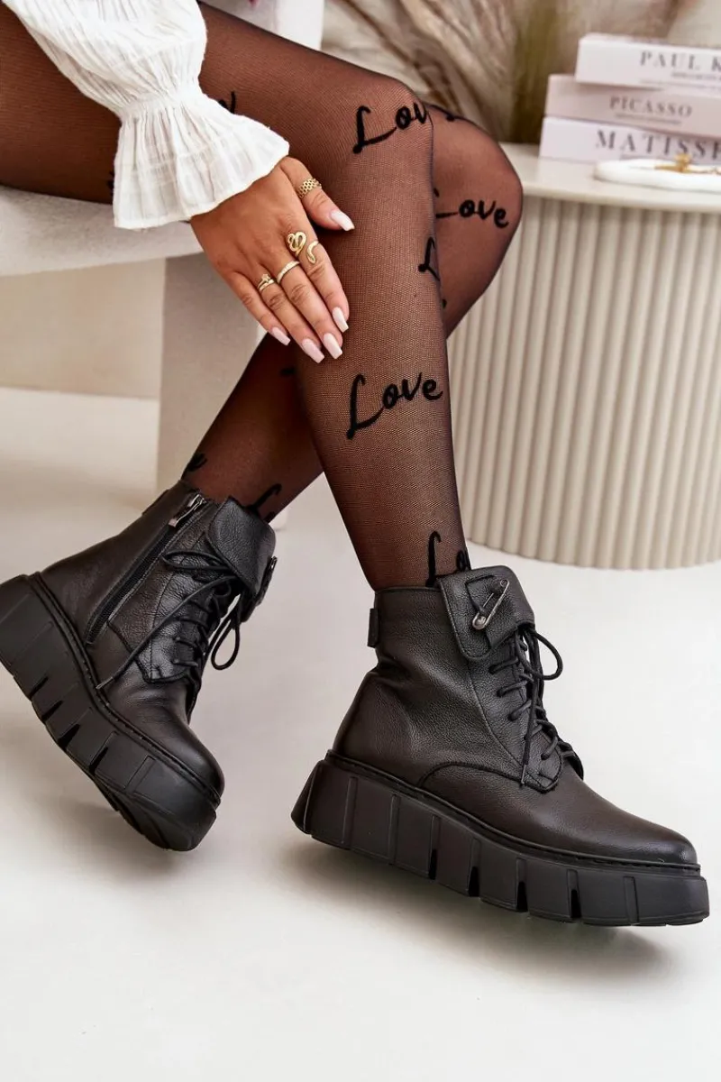 Hot Zazoo 60511 Skórzane Botki Damskie Na Platformie Ocieplane Czarne