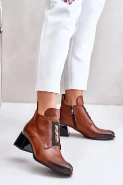 Sale Zazoo 60504 Skórzane Botki Na Klocku Ocieplane Brązowe