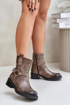 Botki Ocieplane|Botki Na Obcasie>Zazoo 60480 Skórzane Botki Na Niskim Obcasie Ocieplane Brązowo-Szare Brązowy