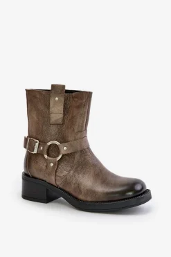 Botki Ocieplane|Botki Na Obcasie></noscript>Zazoo 60480 Skórzane Botki Na Niskim Obcasie Ocieplane Brązowo-Szare Brązowy