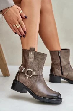 Botki Ocieplane|Botki Na Obcasie></noscript>Zazoo 60480 Skórzane Botki Na Niskim Obcasie Ocieplane Brązowo-Szare Brązowy