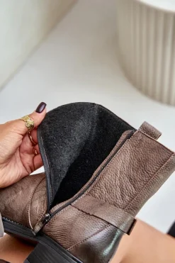 Botki Ocieplane|Botki Na Obcasie></noscript>Zazoo 60480 Skórzane Botki Na Niskim Obcasie Ocieplane Brązowo-Szare Brązowy