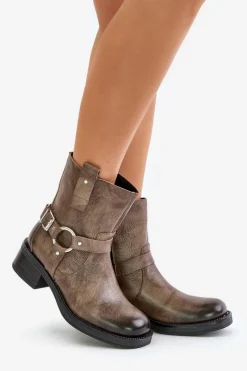 Botki Ocieplane|Botki Na Obcasie></noscript>Zazoo 60480 Skórzane Botki Na Niskim Obcasie Ocieplane Brązowo-Szare Brązowy