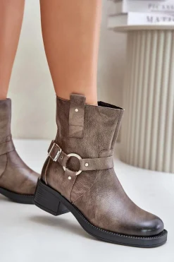 Botki Ocieplane|Botki Na Obcasie></noscript>Zazoo 60480 Skórzane Botki Na Niskim Obcasie Ocieplane Brązowo-Szare Brązowy