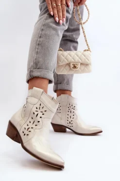 Clearance Zazoo 2870 Skórzane Botki Na Niskim Obcasie Ażurowe Srebrne Srebrny