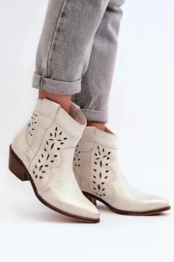 Clearance Zazoo 2870 Skórzane Botki Na Niskim Obcasie Ażurowe Srebrne Srebrny