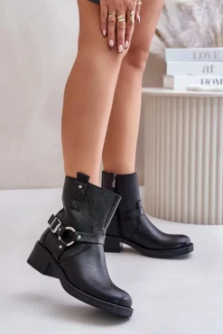 Best Zazoo 60480 Skórzane Botki Na Niskim Obcasie Ocieplane Czarne Czarny