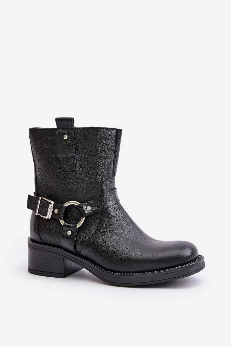 Best Zazoo 60480 Skórzane Botki Na Niskim Obcasie Ocieplane Czarne Czarny