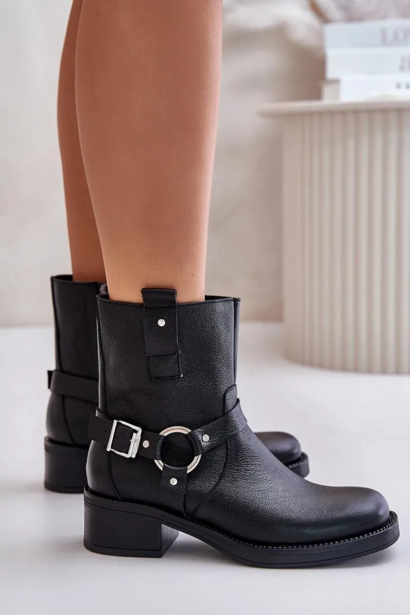 Best Zazoo 60480 Skórzane Botki Na Niskim Obcasie Ocieplane Czarne Czarny