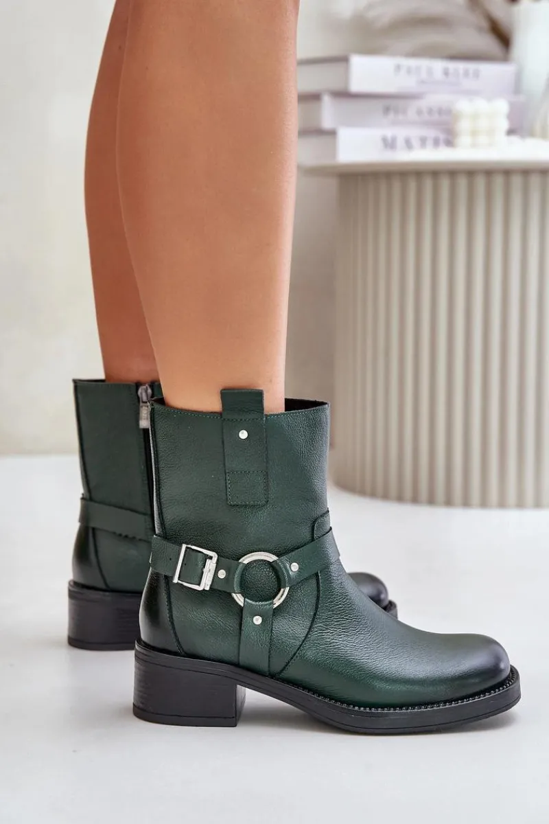 Online 60480 Skórzane Botki Na Niskim Obcasie Ocieplane Ciemnozielone Damskie Botki Ocieplane|Botki Na Obcasie