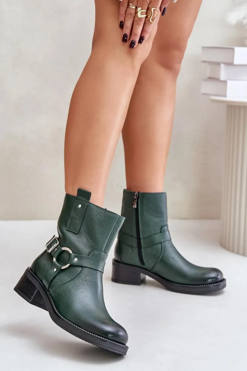 Online 60480 Skórzane Botki Na Niskim Obcasie Ocieplane Ciemnozielone Damskie Botki Ocieplane|Botki Na Obcasie