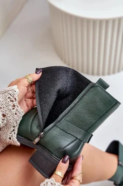 Online 60480 Skórzane Botki Na Niskim Obcasie Ocieplane Ciemnozielone Damskie Botki Ocieplane|Botki Na Obcasie