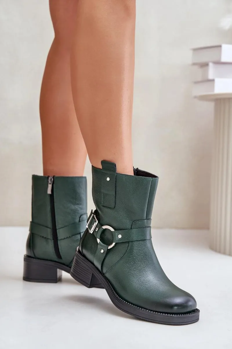 Online 60480 Skórzane Botki Na Niskim Obcasie Ocieplane Ciemnozielone Damskie Botki Ocieplane|Botki Na Obcasie