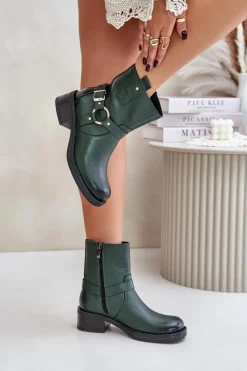 Online 60480 Skórzane Botki Na Niskim Obcasie Ocieplane Ciemnozielone Damskie Botki Ocieplane|Botki Na Obcasie