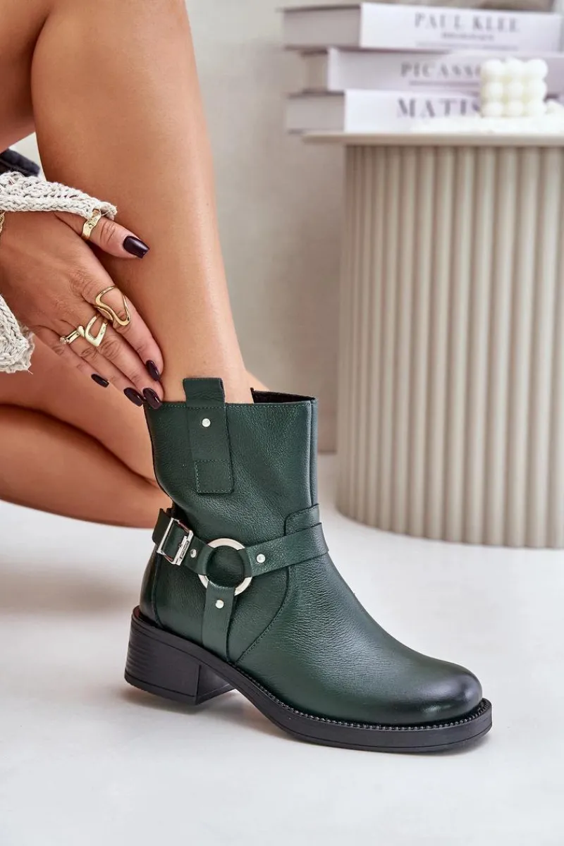 Online 60480 Skórzane Botki Na Niskim Obcasie Ocieplane Ciemnozielone Damskie Botki Ocieplane|Botki Na Obcasie