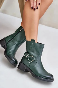Online 60480 Skórzane Botki Na Niskim Obcasie Ocieplane Ciemnozielone Damskie Botki Ocieplane|Botki Na Obcasie