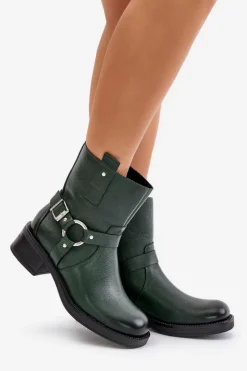 Online 60480 Skórzane Botki Na Niskim Obcasie Ocieplane Ciemnozielone Damskie Botki Ocieplane|Botki Na Obcasie