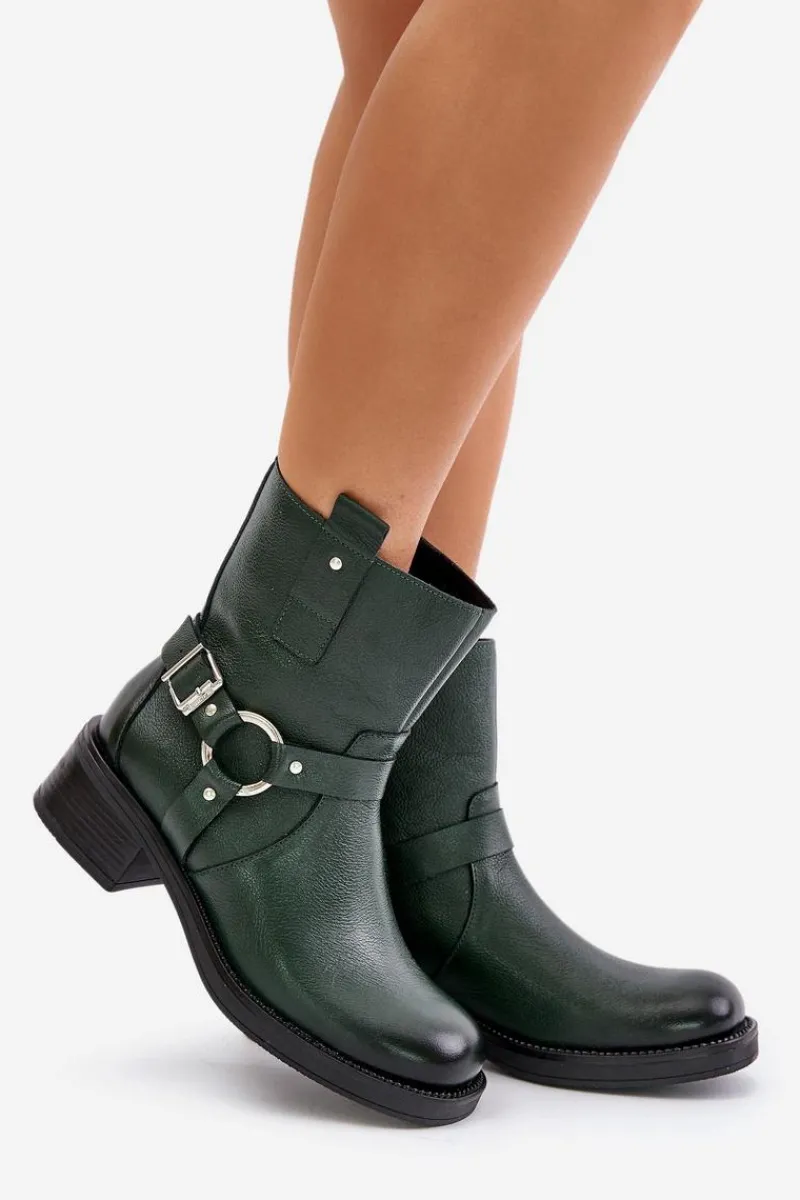 Online 60480 Skórzane Botki Na Niskim Obcasie Ocieplane Ciemnozielone Damskie Botki Ocieplane|Botki Na Obcasie