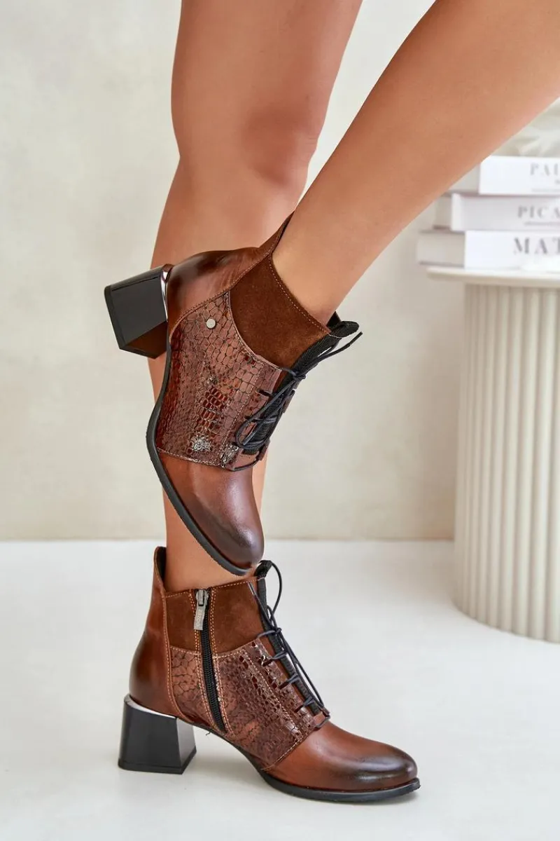 Best Zazoo 60503 Skórzane Botki Na Obcasie Ocieplane Brązowe Brązowy