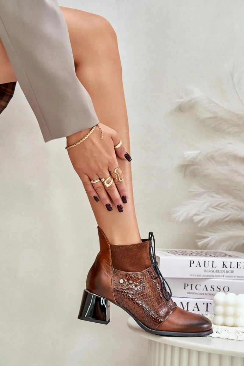 Best Zazoo 60503 Skórzane Botki Na Obcasie Ocieplane Brązowe Brązowy