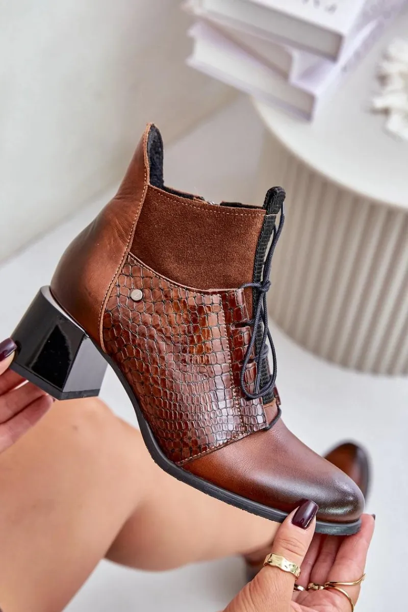 Best Zazoo 60503 Skórzane Botki Na Obcasie Ocieplane Brązowe Brązowy