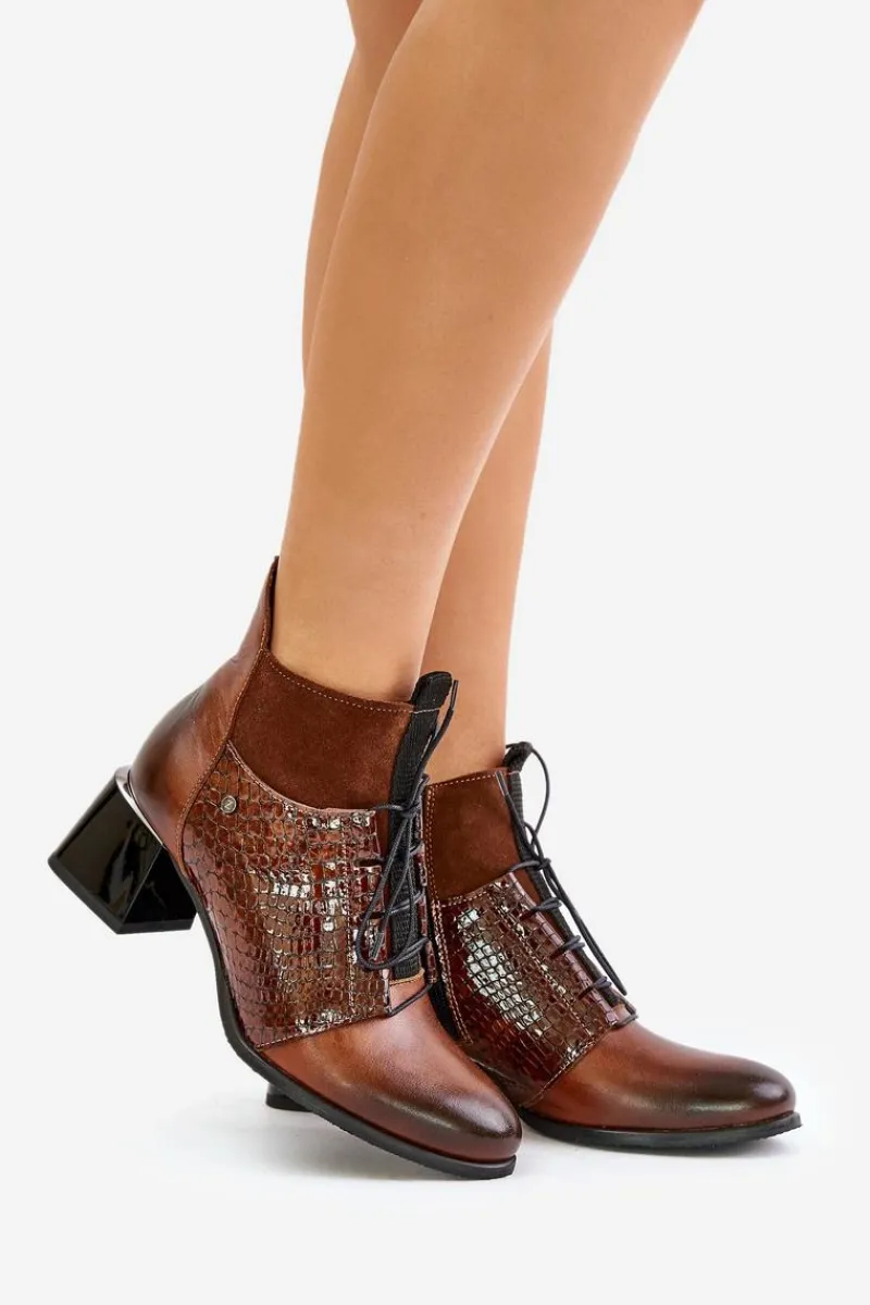 Best Zazoo 60503 Skórzane Botki Na Obcasie Ocieplane Brązowe Brązowy