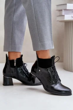 New 60503 Skórzane Botki Na Obcasie Ocieplane Czarne Damskie Botki Wiosenne|Botki Ocieplane