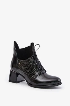 New 60503 Skórzane Botki Na Obcasie Ocieplane Czarne Damskie Botki Wiosenne|Botki Ocieplane