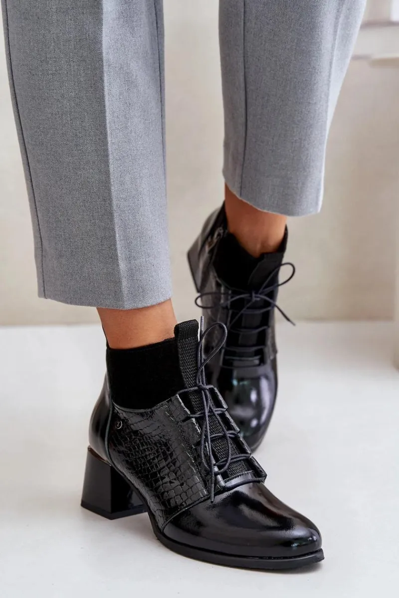 New 60503 Skórzane Botki Na Obcasie Ocieplane Czarne Damskie Botki Wiosenne|Botki Ocieplane