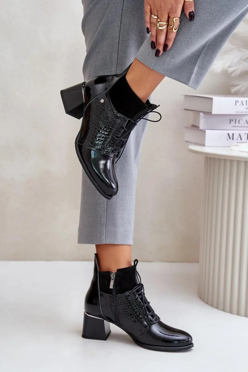 New 60503 Skórzane Botki Na Obcasie Ocieplane Czarne Damskie Botki Wiosenne|Botki Ocieplane