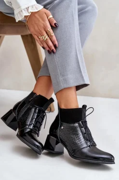 New 60503 Skórzane Botki Na Obcasie Ocieplane Czarne Damskie Botki Wiosenne|Botki Ocieplane