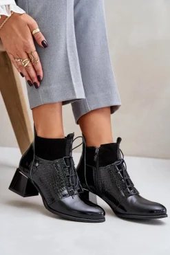 New 60503 Skórzane Botki Na Obcasie Ocieplane Czarne Damskie Botki Wiosenne|Botki Ocieplane