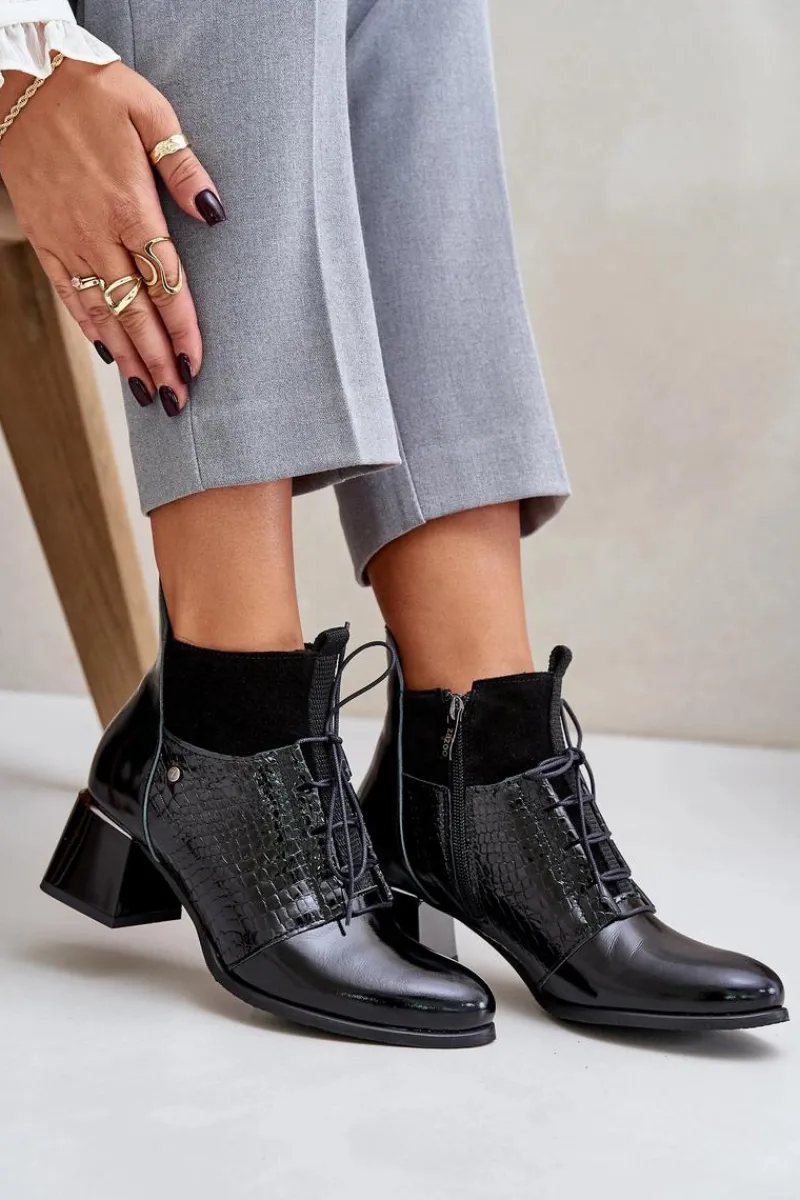 New 60503 Skórzane Botki Na Obcasie Ocieplane Czarne Damskie Botki Wiosenne|Botki Ocieplane