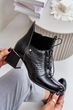 New 60503 Skórzane Botki Na Obcasie Ocieplane Czarne Damskie Botki Wiosenne|Botki Ocieplane
