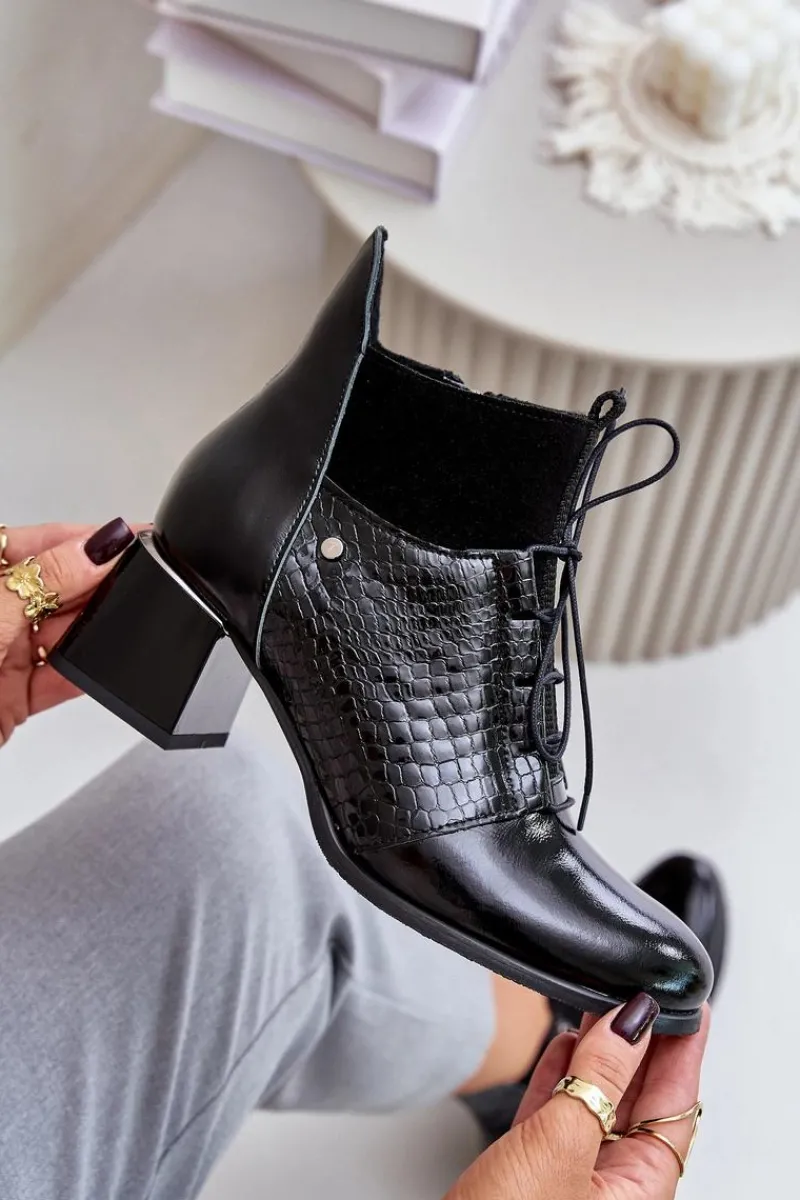 New 60503 Skórzane Botki Na Obcasie Ocieplane Czarne Damskie Botki Wiosenne|Botki Ocieplane