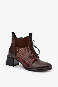 Hot Zazoo 60503 Skórzane Botki Na Obcasie Ocieplane Czekoladowe Brązowy