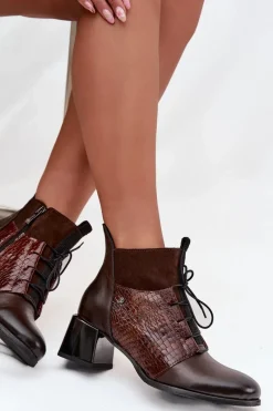 Hot Zazoo 60503 Skórzane Botki Na Obcasie Ocieplane Czekoladowe Brązowy