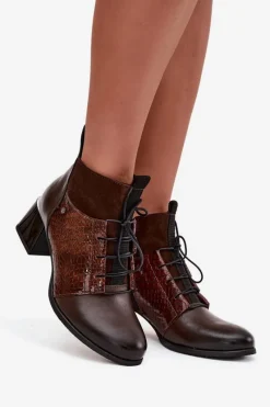 Hot Zazoo 60503 Skórzane Botki Na Obcasie Ocieplane Czekoladowe Brązowy