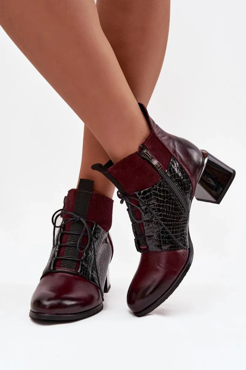 Botki Ocieplane|Brązowe I Beżowe Botki>Zazoo 60503 Skórzane Botki Na Obcasie Ocieplane Bordowe Czerwony