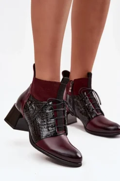 Botki Ocieplane|Brązowe I Beżowe Botki>Zazoo 60503 Skórzane Botki Na Obcasie Ocieplane Bordowe Czerwony