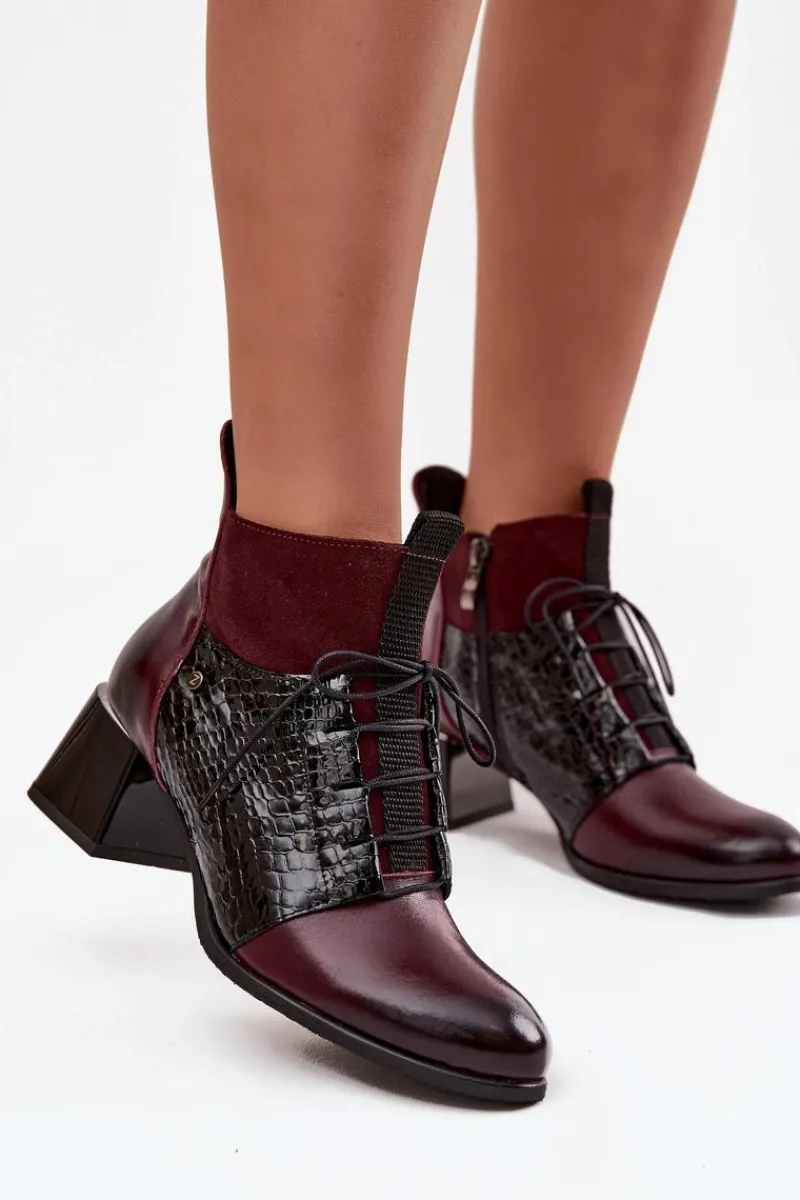 Botki Ocieplane|Brązowe I Beżowe Botki>Zazoo 60503 Skórzane Botki Na Obcasie Ocieplane Bordowe Czerwony