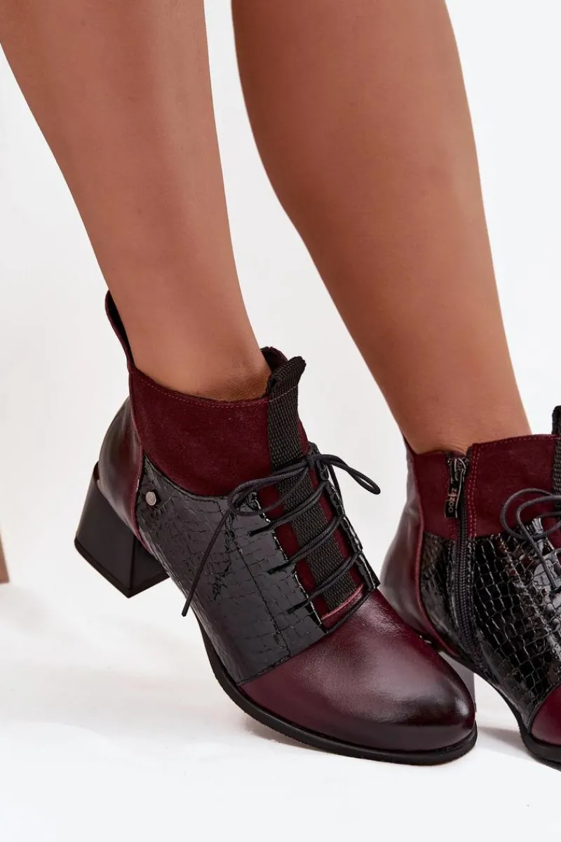 Botki Ocieplane|Brązowe I Beżowe Botki>Zazoo 60503 Skórzane Botki Na Obcasie Ocieplane Bordowe Czerwony